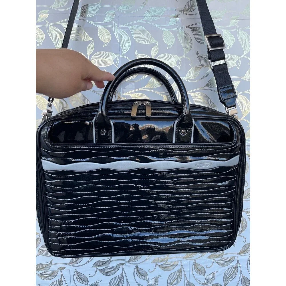 Tumi Black Patent Leather Laptop Briefcase Bag Wave Quilted Retro Whimsigoth Y2K
